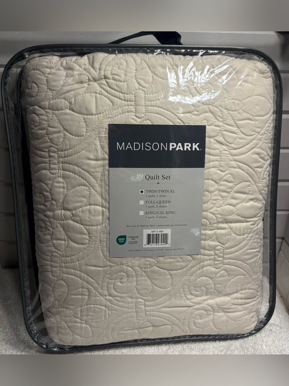 NEW Madison Park Luxe Cotton Damask Quilt Set, Cream 2PC Twin/Twin XL Sham